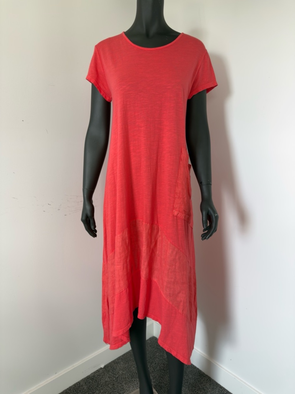 237. Italian Cotton Relaxed Lagen Look Short Sleeve Coral A-Line Dress